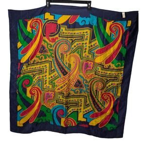 Vintage Anne Klein Silk Scarf Womens Navy Blue Yellow Red Geometric print AS IS